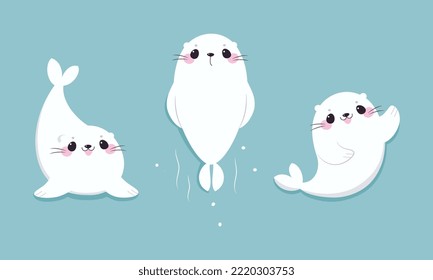 Cute Seal with White Fur and Pink Cheeks on Blue Background Vector Set