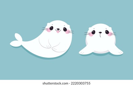 Cute Seal With White Fur And Pink Cheeks Smiling On Blue Background Vector Set