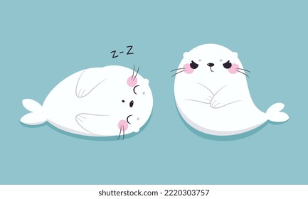 Cute Seal With White Fur And Pink Cheeks Sleeping And With Grumpy Face Vector Set