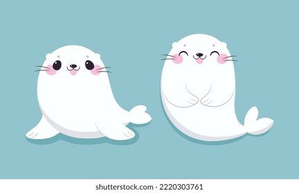 Cute Seal With White Fur And Pink Cheeks Smiling On Blue Background Vector Set