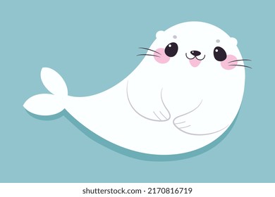 Cute Seal with White Fur Smiling on Blue Background Vector Illustration