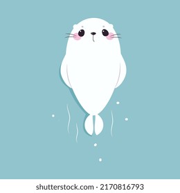 Cute Seal with White Fur Swimming on Blue Background Vector Illustration