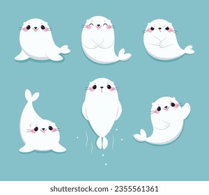 Cute Seal with White Fur Swimming and Smiling on Blue Background Vector Set