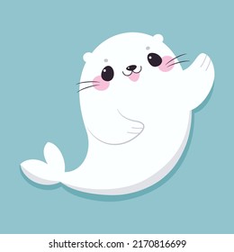 Cute Seal with White Fur Waving Fin and Smiling on Blue Background Vector Illustration