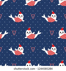 Cute seal in xmas hat with candy cane heart seamless pattern on blue polka dots background. Exotic New Year background. Christmas design for fabric, wallpaper, textile and decor.