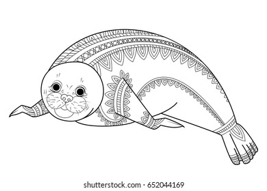 Cute seal Zentangle vector illustration. Phoca Zen Tangle. Wild animals of Antarctica coloring book for adult.