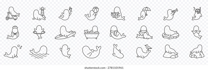 Cute seals activity icon set – editable outline symbols of marine life, playful animal, swimming, surfing, relaxing and adorable sea mammal