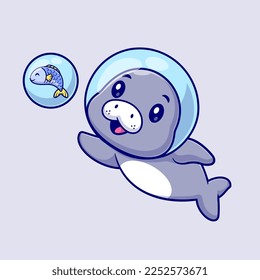 Cute Seals Astronaut Catching Fish Cartoon Vector Icon Illustration. Animal Nature Icon Concept Isolated Premium Vector. Flat Cartoon Style