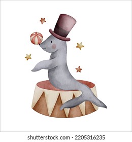 cute seals circus carnival watercolor illustration with isolated background for kids and baby