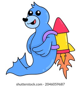precintos lindos vuelan al espacio sobre cohetes, ilustración vectorial art. imagen del ícono del doodle kawaii.