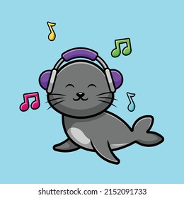 Cute Seals Listening Music Cartoon Vector Icon Illustration. Animal Technology Icon Concept Isolated Premium Vector.