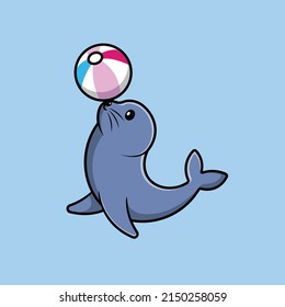 Cute Seals Playing Ball Cartoon Vector Icon Illustration. Animal Icon Concept Isolated Premium Vector.