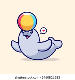 Cute Seals Playing Beach Ball Cartoon Vector Icon Illustration. Animal Holiday Icon Concept Isolated Premium Vector. Flat Cartoon Style