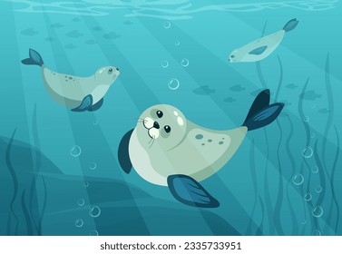 cute seals swimming antarctica ocean, sea background. cartoon funny seals under water, north antarctica animals. vector north sea under water background.