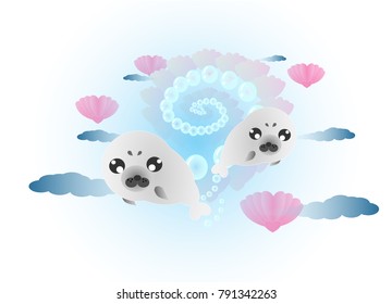 Cute seals are swimming under the sea with blue bubbles and sweet seashells make geometric design vector.