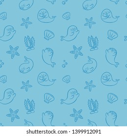 Cute Seals Swimming Under Water Hand Drawn Cartoon Style Seamless Pattern. Vector Illustration Wallpaper And Background. Kawaii Cartoon Design. 