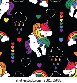 Cute seamlees pattern unicorn in pride theme decorate with cute icon.