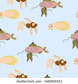 Cute seamless abstract  pattern with decorative fishes on the blue background.Sea life abstract background for dresses,textiles, wallpapers, designer paper, etc
