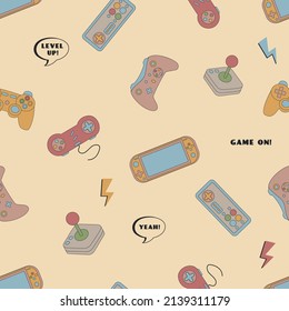 Cute seamless abstract pattern in pixel game style. Colorful gamer template with gamepads, game slogans and gamer aesthetics. Flat cartoon vector illustration