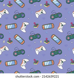 Cute seamless abstract pattern in pixel game style. Colorful gamer template with gamepads, game slogans and gamer aesthetics. Flat cartoon vector illustration
