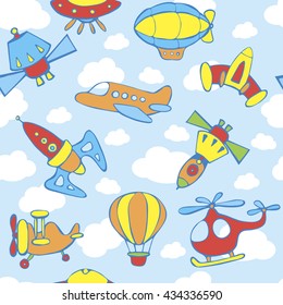 Cute seamless air pattern.  Set of air transport for the children: a balloon, airship, aircraft, helicopter, rocket, flying saucer, spaceship. Hand drawn vector illustration.