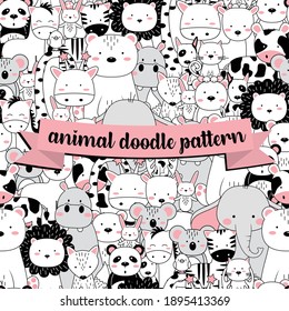Cute Seamless Animal Doodle Pattern