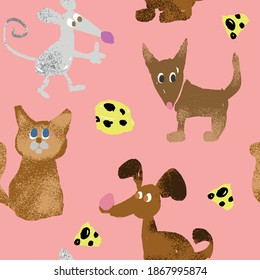 Cute seamless animal pattern. Adorable pets on pink background. Repeating wallpaper design. Two dogs, cat, mouse and cheese. Doodle vector illustration.