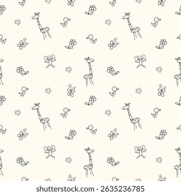 Cute seamless animal pattern. Child's drawing of a safari animal pattern on a white background. Cute animal seamless pattern with rainbows and stars. seamless pattern with animals