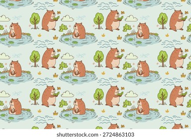 Cute seamless animal pattern featuring capybaras in a friendly and playful hand-drawn doodle style. Soft pastel natural colors with rounded shapes, designed as a tileable repeating background. Perfect for kids design, nursery decor, fabric, wallpaper, wrapping paper, and surface pattern projects. Modern, cheerful, and commercial-use friendly.