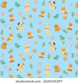 Patrón animal inconsútil lindo para los niños – perros, gatos, conejos y pájaros sobre fondo azul