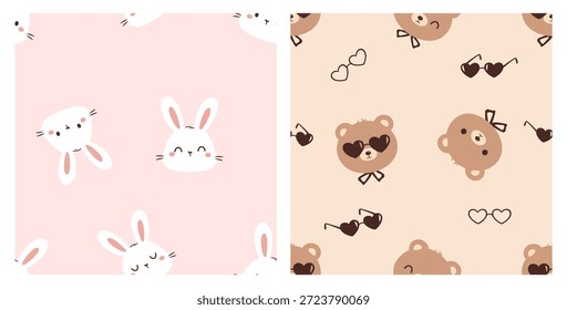 Lindo patrón de animales sin costuras con caras de conejo sonrientes y osos de peluche con gafas de sol en tonos suaves de color rosa pastel y beige, diseñado para la decoración de la guardería, estampados de tela y gráficos de niños juguetones.