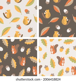 Cute seamless autumn design with squirrels, acorns, and leaves