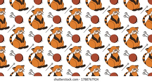 CUTE SEAMLESS AUTUMN PATTERN. AUTUMN ANIMALS. Hello, Autumn. CHILDREN'S ROOM AND TEXTILE DESIGN. RED PANDA ON A WHITE BACKGROUND.