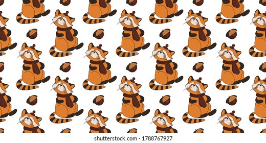 CUTE SEAMLESS AUTUMN PATTERN. AUTUMN ANIMALS. Hello, Autumn. CHILDREN'S ROOM AND TEXTILE DESIGN. RED PANDA ON A WHITE BACKGROUND.