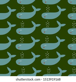 Cute seamless autumn pattern with blue whales. Funny repeated background with whales.Autumn abstract background for dresses,textiles, wallpapers, designer paper, etc