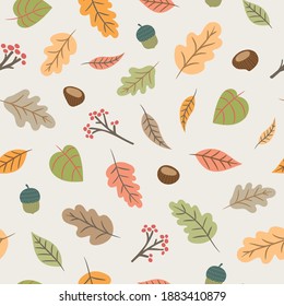 Cute seamless autumn pattern with colorful leaves, conkers and acorns. Perfect for wallpaper, gift paper, pattern fills, web page background, autumn greeting cards.