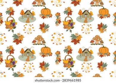 Cute seamless autumn pattern featuring pumpkins, colorful fall leaves, mushrooms, harvest baskets, a charming countryside house, and adorable geese on a warm white background. Cozy seasonal illustration perfect for Thanksgiving, fall decorations, fabric, wallpaper, wrapping paper, stationery, and textile design.
