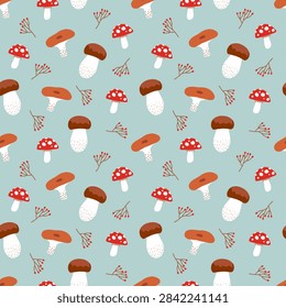 Cute seamless autumn pattern with fly agaric, porcini and russula mushrooms, red berry branches and earthy colors. Perfect for fabric, wrapping paper, wallpaper, stationery, textile and seasonal decor