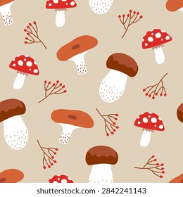 Cute seamless autumn pattern with fly agaric, porcini and russula mushrooms, red berry branches and earthy colors. Perfect for fabric, wrapping paper, wallpaper, stationery, textile and seasonal decor