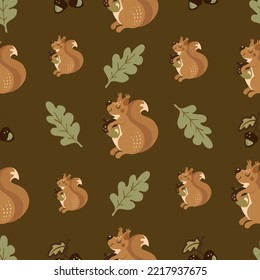 A cute seamless autumn pattern with a red squirrel holding an acorn and oak leaves, a seasonal fall background for kids