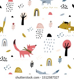 Cute seamless autumn pattern with wolf, fox and rain. Creative autumn forest texture for kindergarten, fabric, wrapping, textile, wallpaper, apparel. 