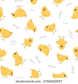 Lindo patrón de Vector de pollito bebé sin costuras. Ilustración repetitiva con pequeños pollos amarillos sobre un fondo blanco. Impresión textil de la ropa.