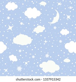Cute seamless baby pattern of cloud,the stars, the moon. Vector illustration.