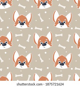 Cute seamless baby pattern with dogs and bones. Cute ginger dog. Akita. Suitable for printing on fabric, clothing, posters, wrapping paper, wallpaper