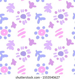 Cute seamless baby pattern. Hand drawn stripes, circles and branches. Textile, fabric or wrapping paper design.