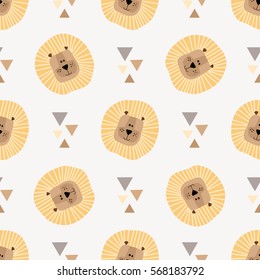 Cute seamless baby pattern illustration with lion's head and triangles. Endless texture with stylized portraits of lions. Cartoon lions for textile, wallpaper or wrapping. Adorable wild lions fabric.