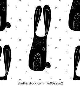 Cute seamless baby pattern illustration with black rabbit blowing kiss and heart. Endless texture with stylized doodle bunny. Cartoon scandinavian rabbit for textile, wallpaper, wrapping, fabric.