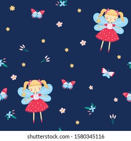 cute seamless baby pattern for little girls on a dark blue background with different flowers, butterflies and a princess with a magic wand and in a beautiful puffy dress with blue wings