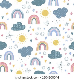 adorable patrón de bebé sin costura con arcos de lluvia y nubes decoradas con estrellas y corazones sobre fondo blanco. Es bueno para envolver papel, los niños diseñan impresiones textiles, papel pintado, reserva de recortes, papelería.