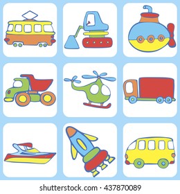 Cute seamless baby pattern. Set of  transport for children: a boat,  rocket, truck, excavator, Submarine, tram, helicopter. Hand drawn vector illustration.